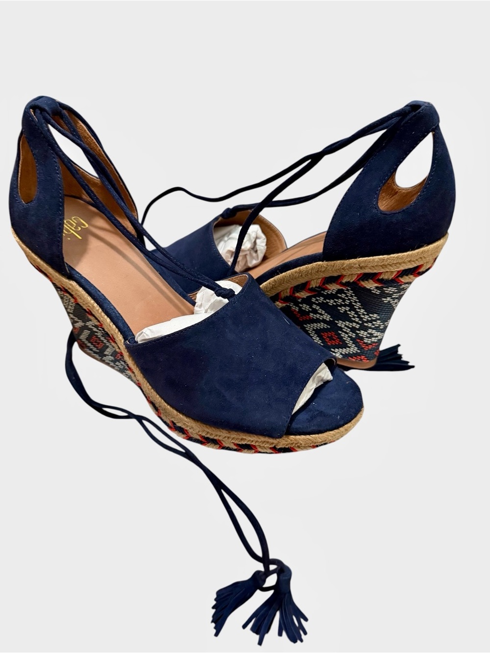 Cabi Isla Navy Suede Espadrille Wedge Sandals - Geometric Boho Ankle Tie Size 7 - Picture 11 of 14